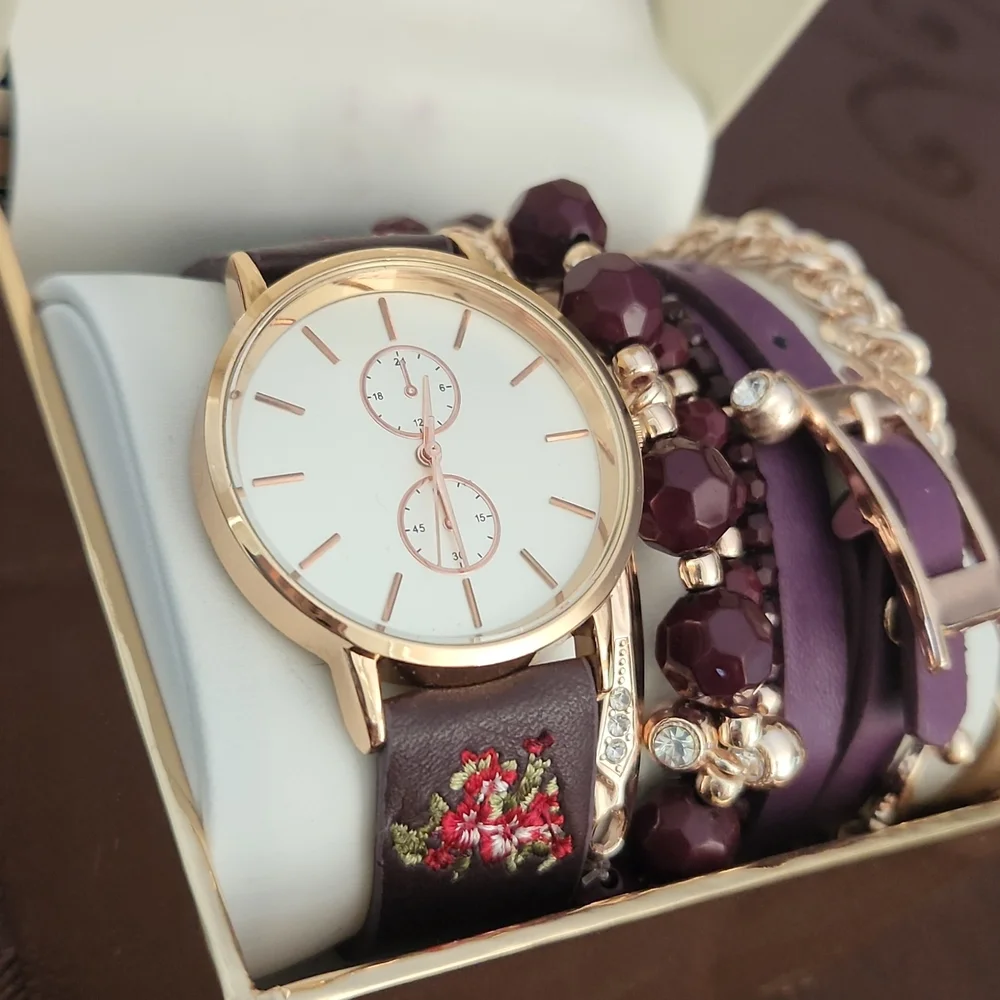 Jessica Carlyle Watch & Bracelet Set - Purple and Gold